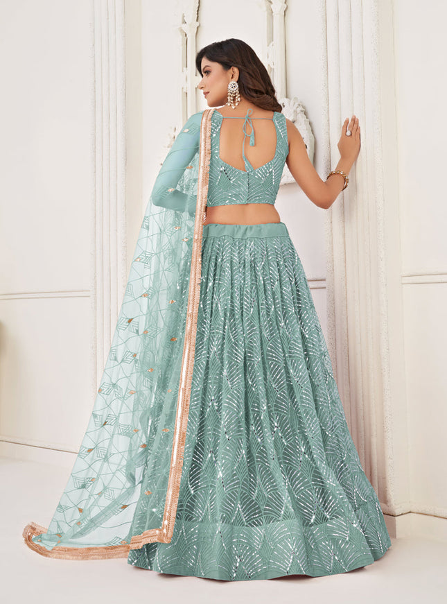 Mint Blue Net Embroidered Lehenga Choli