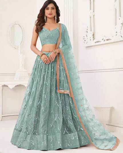 Mint Blue Net Embroidered Lehenga Choli