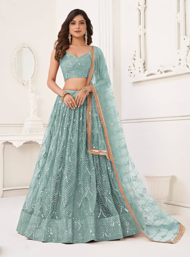 Mint Blue Net Embroidered Lehenga Choli