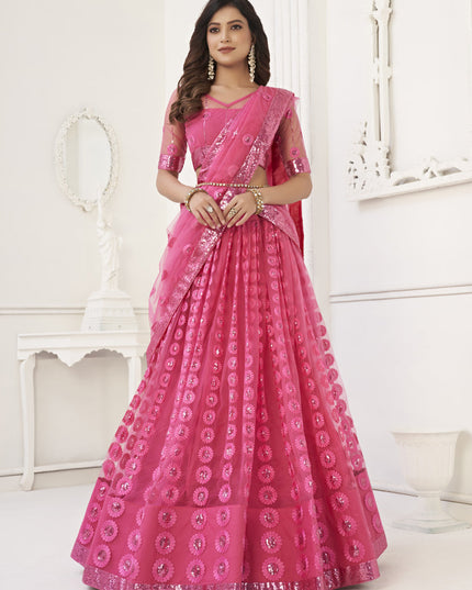 Punch Pink Butterfly Net Designer Lehenga Choli Set