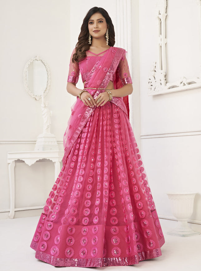 Punch Pink Butterfly Net Designer Lehenga Choli Set