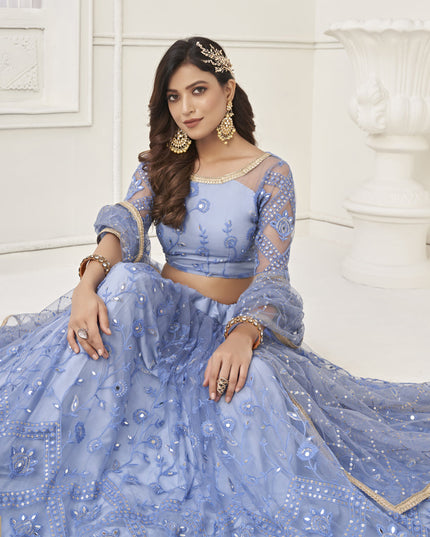 Powder Blue Butterfly Net Designer Lehenga Choli Set