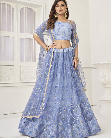 Powder Blue Butterfly Net Designer Lehenga Choli Set