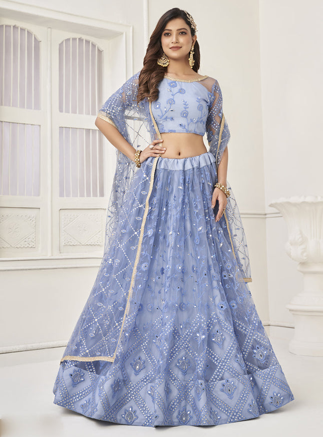 Powder Blue Butterfly Net Designer Lehenga Choli Set