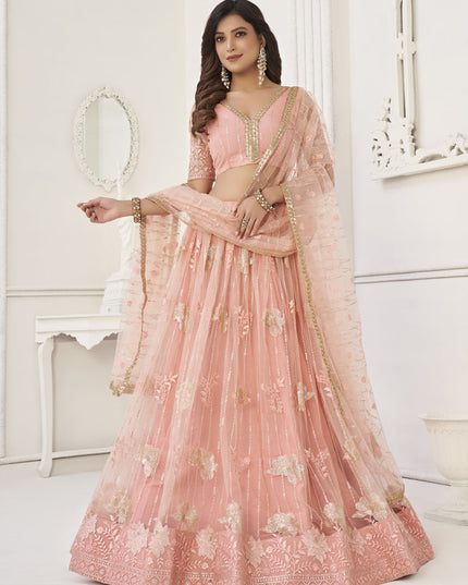 Peach Butterfly Net Designer Lehenga Choli Set