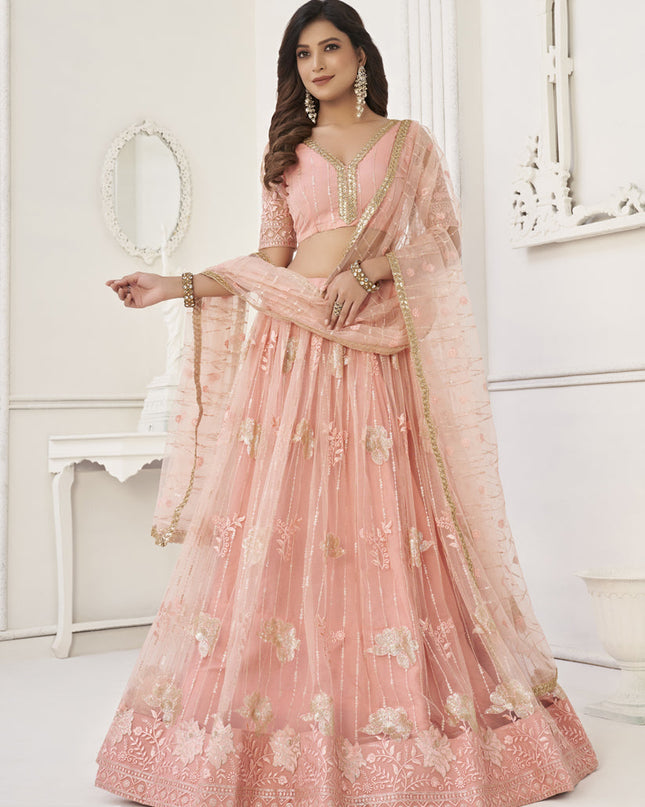 Peach Butterfly Net Designer Lehenga Choli Set