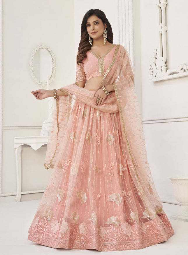 Peach Butterfly Net Designer Lehenga Choli Set