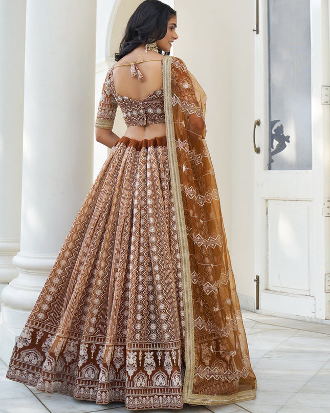 Snuff Brown Net Embroidered Lehenga Choli Set