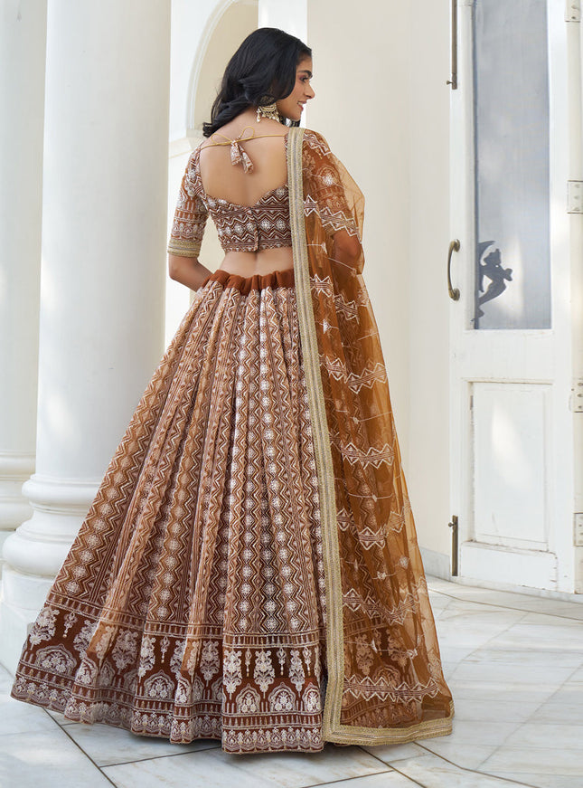 Snuff Brown Net Embroidered Lehenga Choli Set