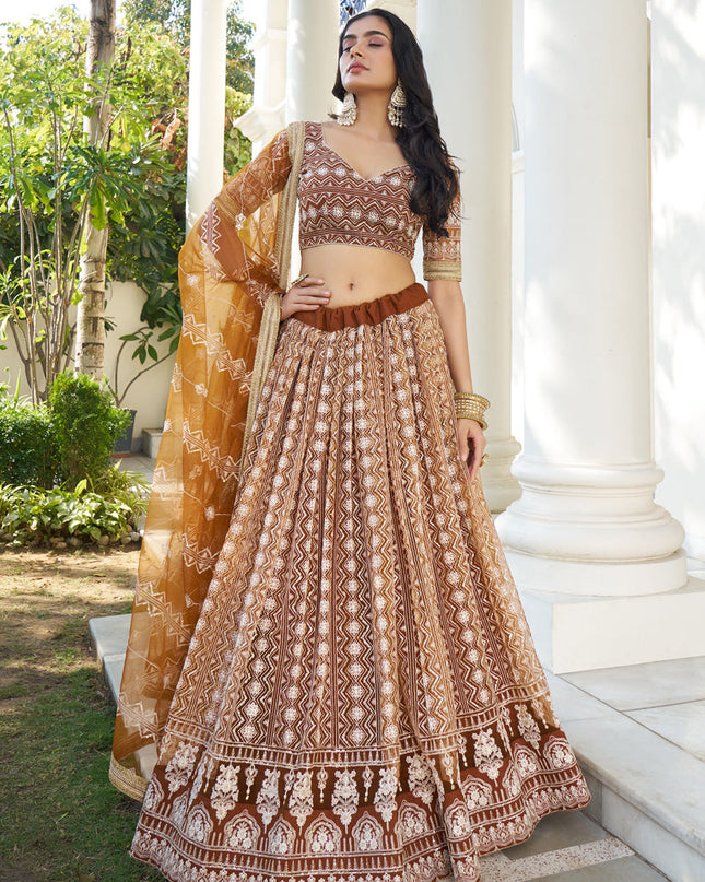Snuff Brown Net Embroidered Lehenga Choli Set