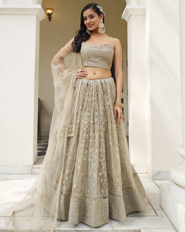 Dusty Cream Net Embroidered Lehenga Choli Set