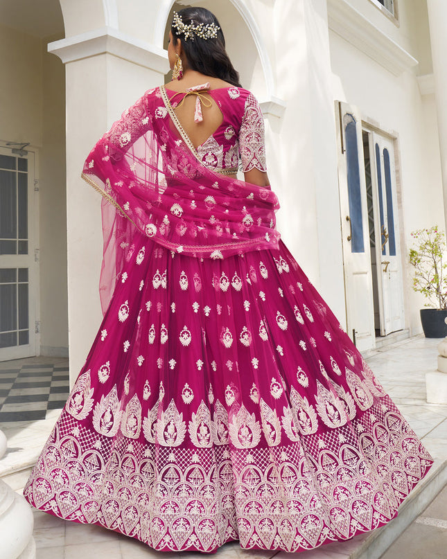 Magenta Net Embroidered Lehenga Choli Set