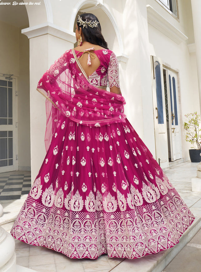 Magenta Net Embroidered Lehenga Choli Set