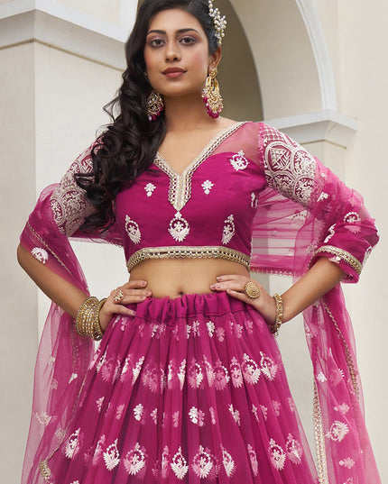 Magenta Net Embroidered Lehenga Choli Set