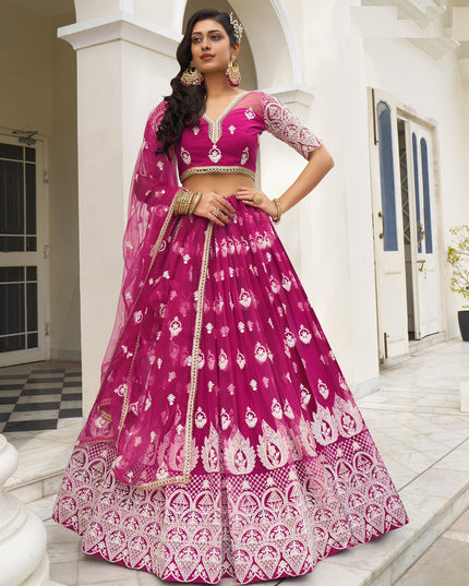 Magenta Net Embroidered Lehenga Choli Set