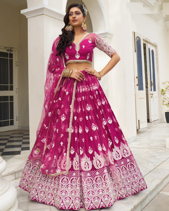 Magenta Net Embroidered Lehenga Choli Set