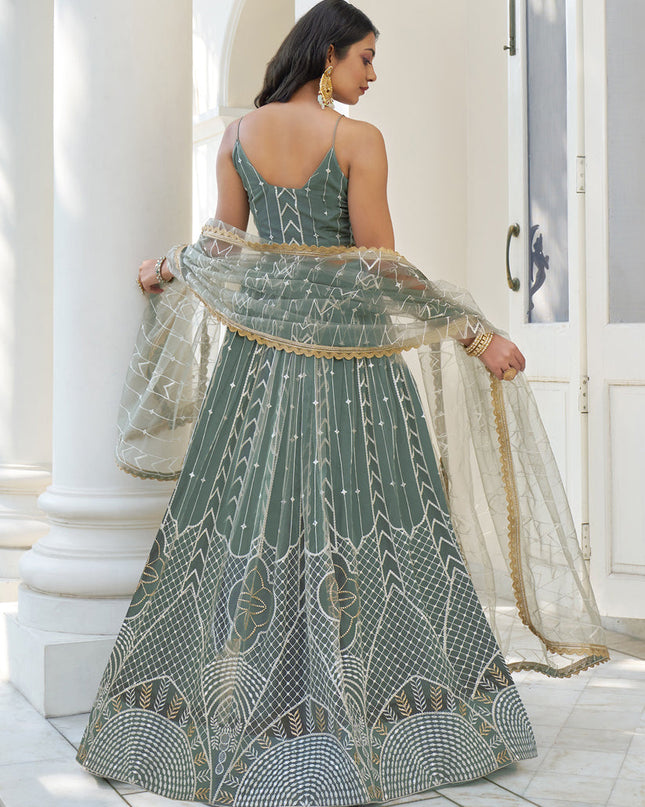 Moss Grey Net Embroidered Lehenga Choli Set