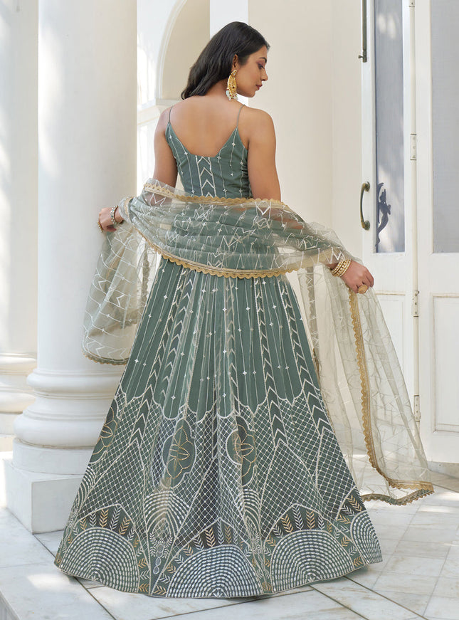 Moss Grey Net Embroidered Lehenga Choli Set
