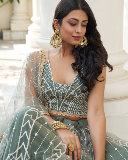 Moss Grey Net Embroidered Lehenga Choli Set