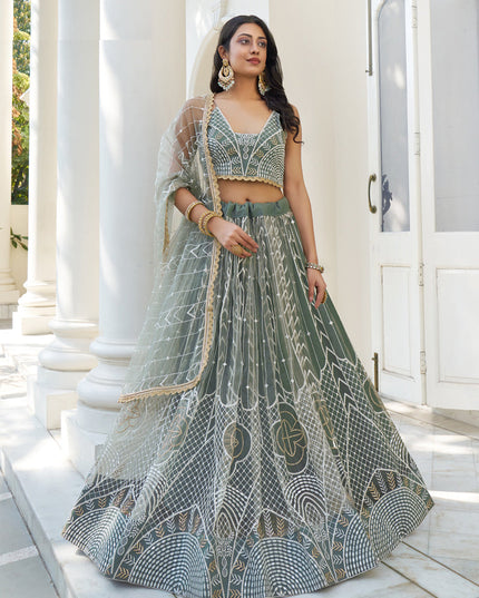 Moss Grey Net Embroidered Lehenga Choli Set