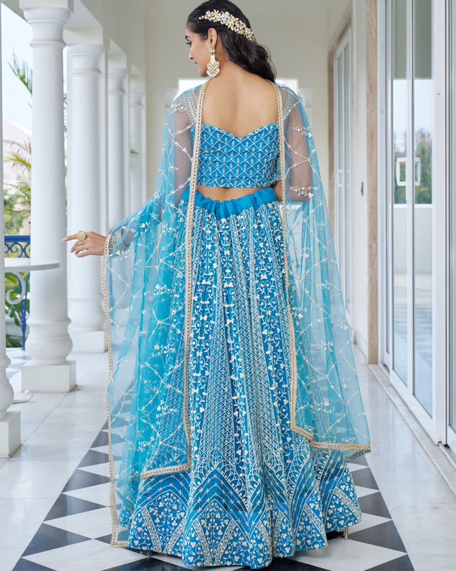 Sky Blue Net Embroidered Wedding Lehenga Choli