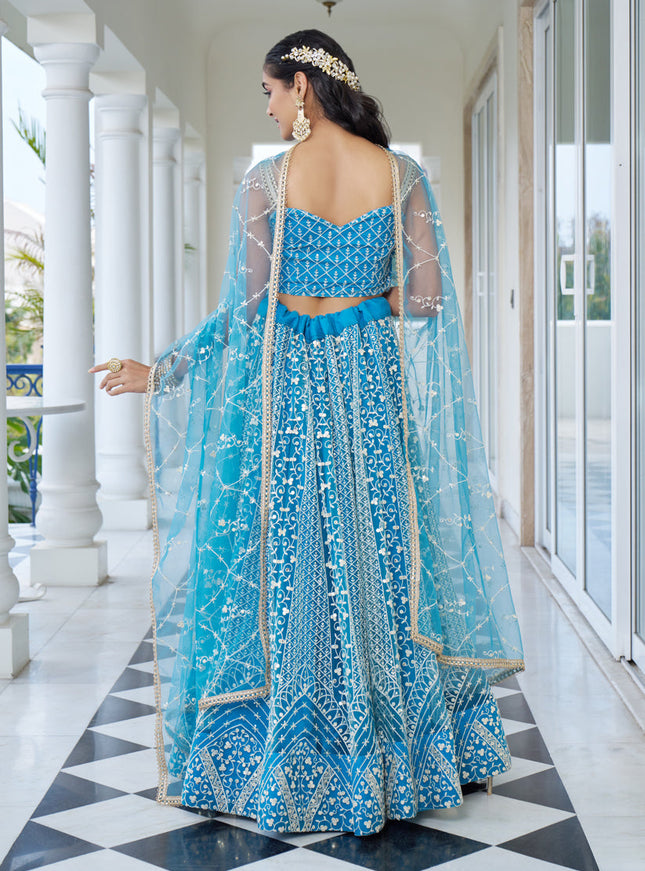 Sky Blue Net Embroidered Wedding Lehenga Choli
