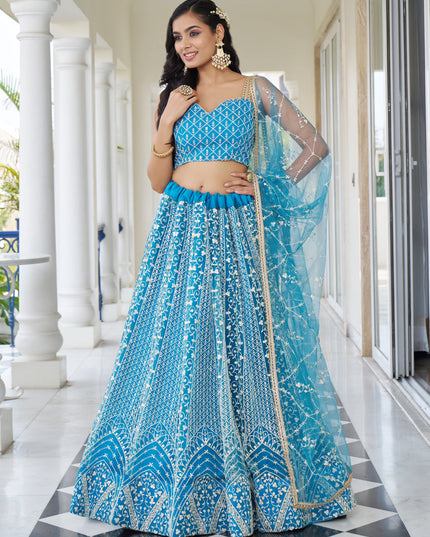 Sky Blue Net Embroidered Wedding Lehenga Choli
