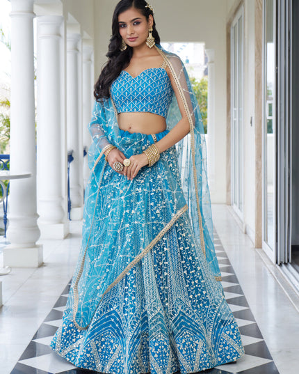 Sky Blue Net Embroidered Wedding Lehenga Choli