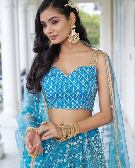 Sky Blue Net Embroidered Wedding Lehenga Choli