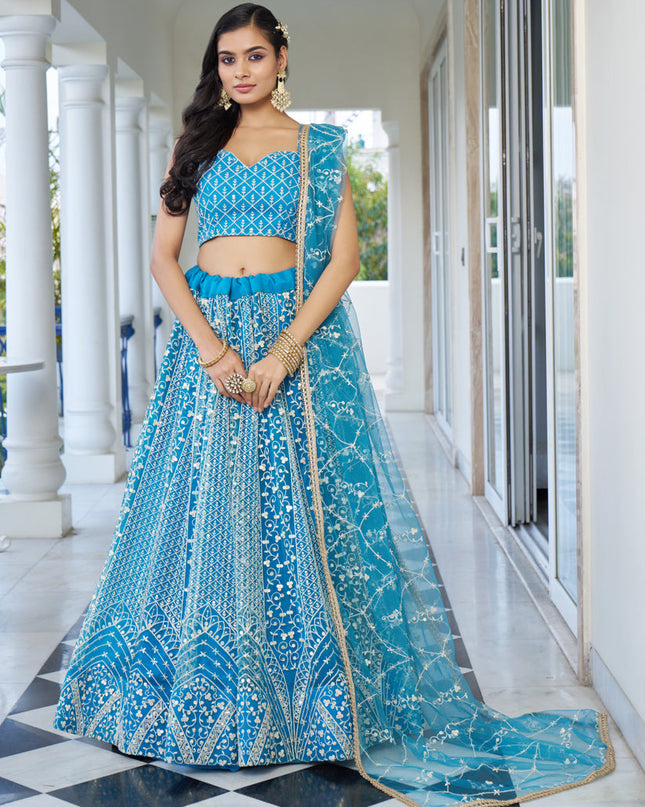 Sky Blue Net Embroidered Wedding Lehenga Choli