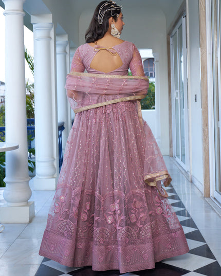 Dusty Pink Net Embroidered Wedding Lehenga Choli