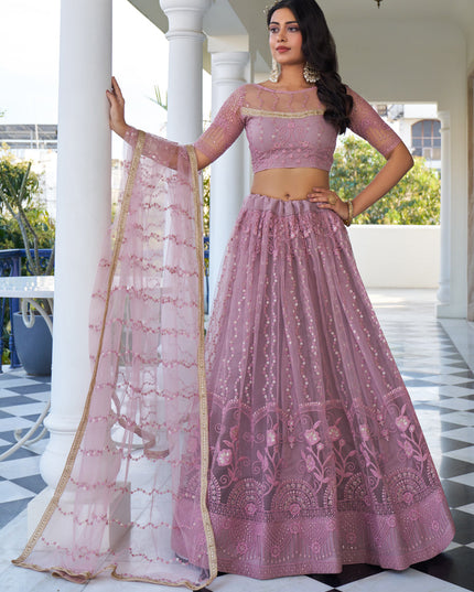Dusty Pink Net Embroidered Wedding Lehenga Choli