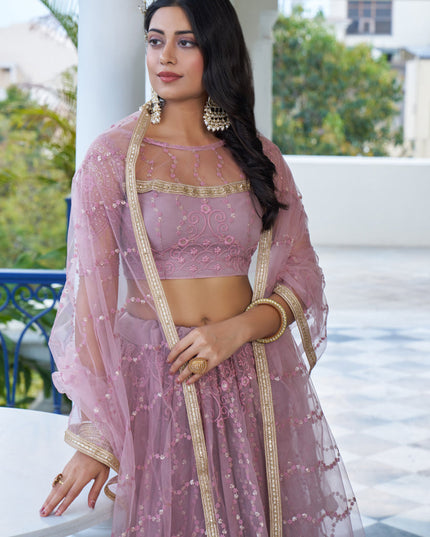 Dusty Pink Net Embroidered Wedding Lehenga Choli