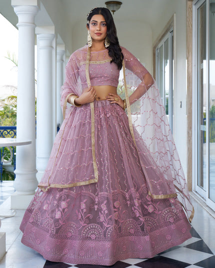 Dusty Pink Net Embroidered Wedding Lehenga Choli