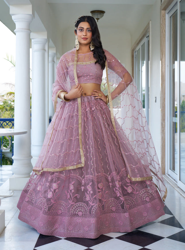 Dusty Pink Net Embroidered Wedding Lehenga Choli