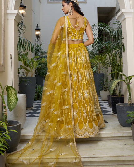 Mustard Yellow Net Embroidered Wedding Lehenga Choli