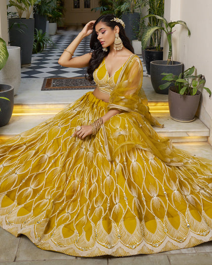 Mustard Yellow Net Embroidered Wedding Lehenga Choli