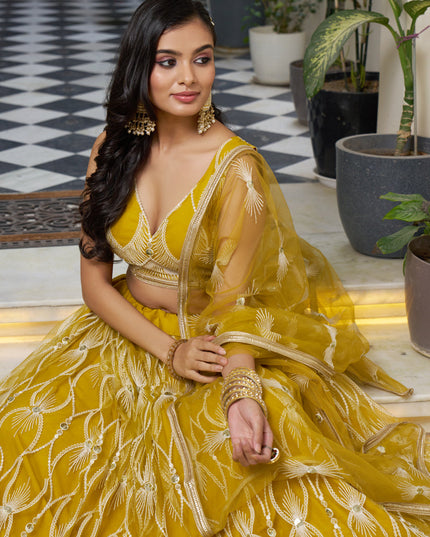 Mustard Yellow Net Embroidered Wedding Lehenga Choli