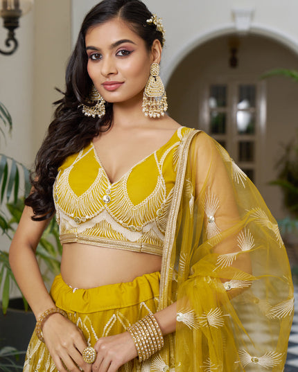 Mustard Yellow Net Embroidered Wedding Lehenga Choli