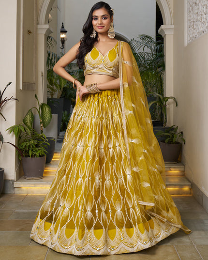 Mustard Yellow Net Embroidered Wedding Lehenga Choli