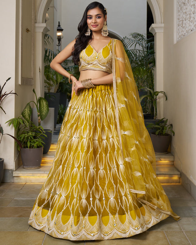 Mustard Yellow Net Embroidered Wedding Lehenga Choli