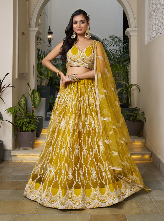 Mustard Yellow Net Embroidered Wedding Lehenga Choli