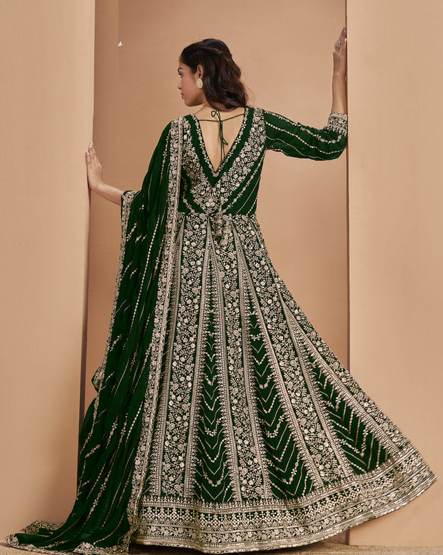 bottle green faux georgette heavy embroidered anarkali suit