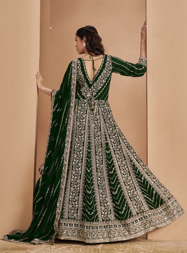bottle green faux georgette heavy embroidered anarkali suit