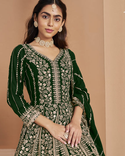 bottle green faux georgette heavy embroidered anarkali suit