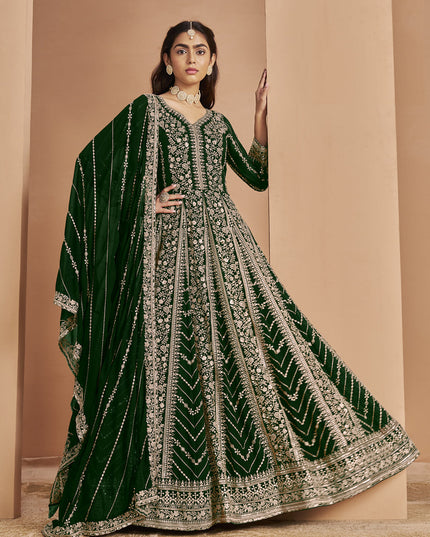 bottle green faux georgette heavy embroidered anarkali suit