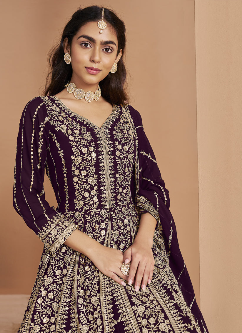 violet faux georgette heavy embroidered anarkali suit