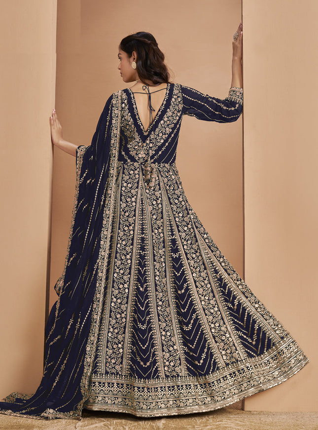 navy blue faux georgette heavy embroidered anarkali suit