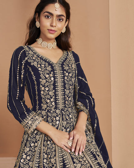 navy blue faux georgette heavy embroidered anarkali suit