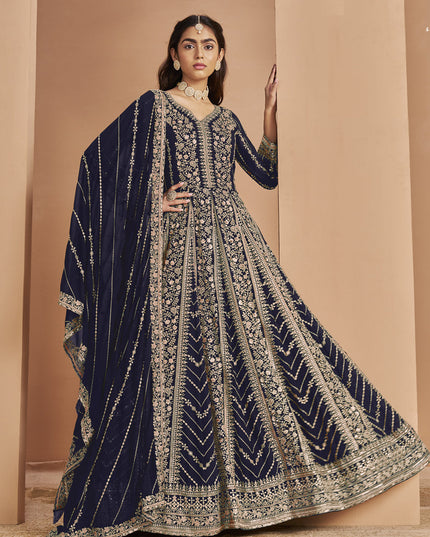 navy blue faux georgette heavy embroidered anarkali suit
